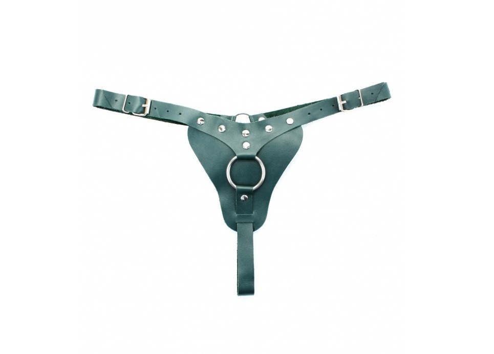 Трусики из натуральной кожи изумрудного цвета, можно под страпон