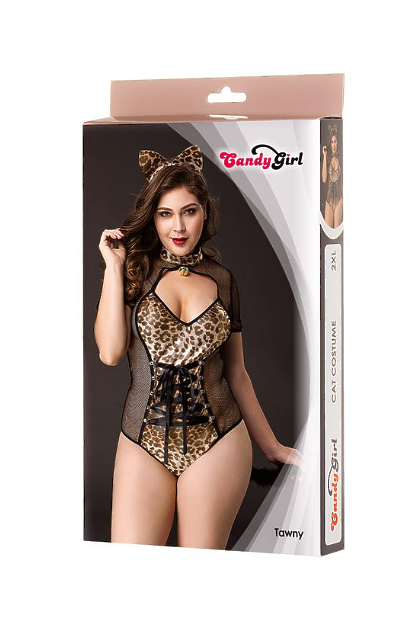 Костюм кошки Candy Girl Tawny (боди, ушки) черно-леопардовый, 2XL