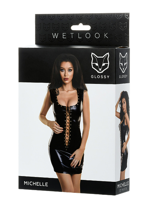ПЛАТЬЕ GLOSSY MICHELLE ИЗ МАТЕРИАЛА WETLOOK С ЗАКЛЕПКАМИ, ЧЕРНЫЙ, L