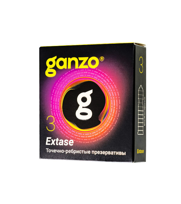 Презервативы Ganzo, extase, латекс, точечные, ребристые, анатомичные, 18 см, 5,2 см, 3 шт.